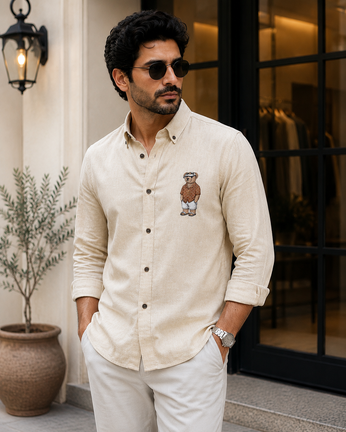 Gentleman Bear Embroidery Linen Shirt