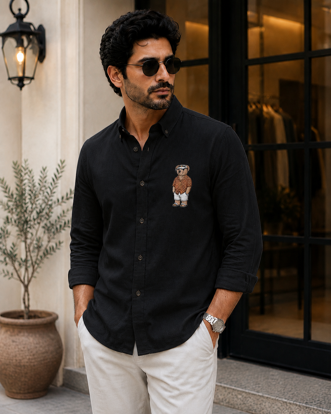 Gentleman Bear Embroidery Linen Shirt