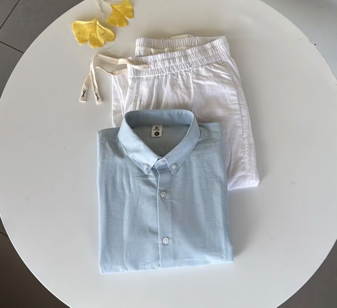 Old Money Edition Linen Set - Sky & White